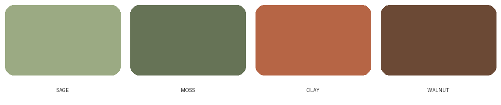 Color swatches of nature-led 2026 shades: sage, moss, clay and walnut
