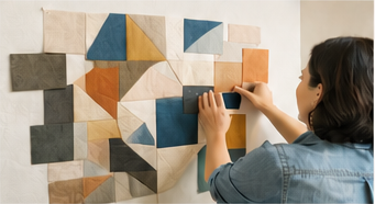 Quilt design blocks arranged on a wall