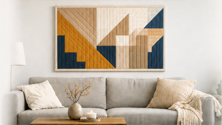Straight-line quilted wall art above a neutral sofa